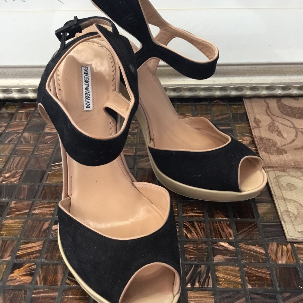 Emporio Armani Black Suede Open Toe Shoes